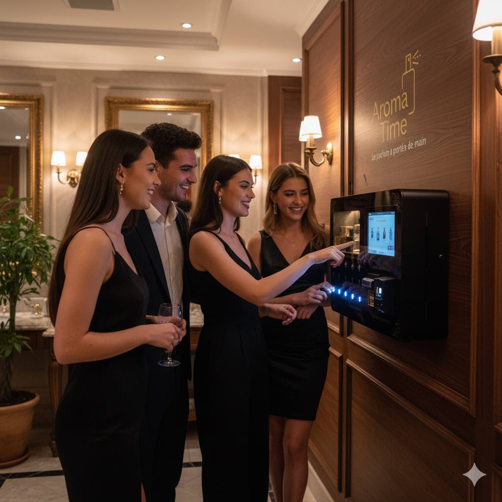 Distributeur automatique de sprays de parfums Aroma Time dans un centre commercial