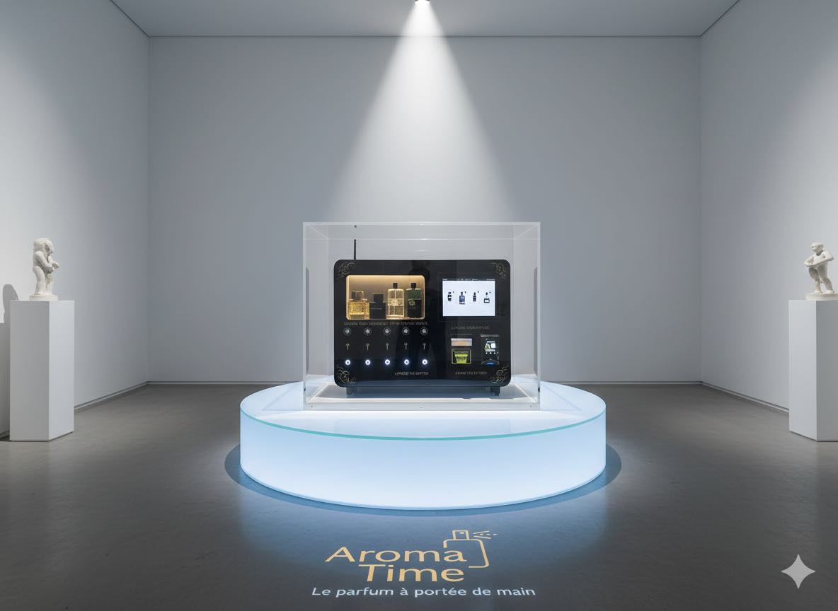 Distributeur sprays parfum Aroma Time au design premium dans un espace professionnel