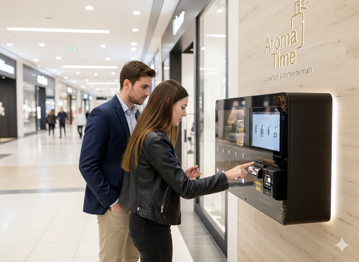 Client profitant d’un espace parfumé grâce à un distributeur de sprays de parfum