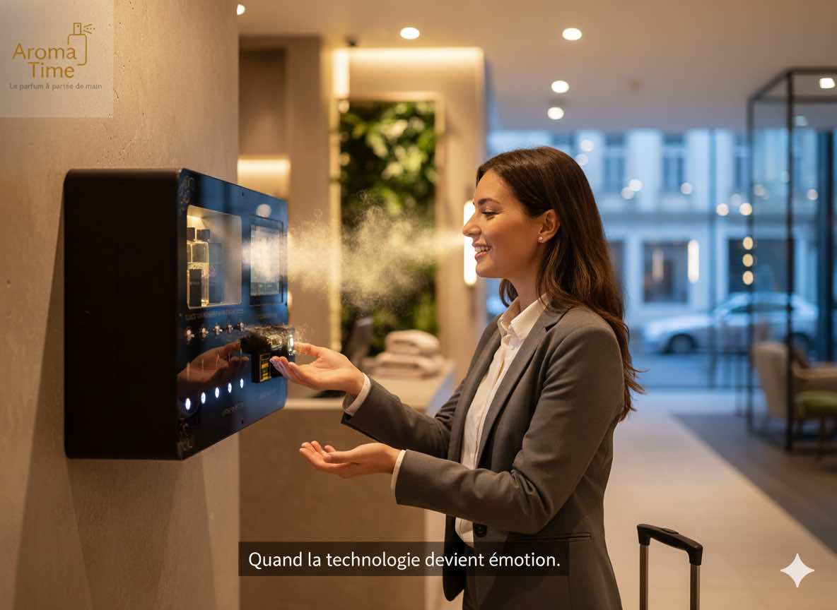 Client choisissant une fragrance sur un distributeur de parfums Aroma Time