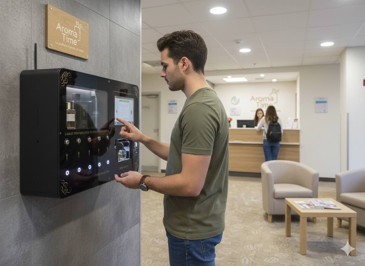 Client utilisant un distributeur automatique de parfums Aroma Time dans un établissement CHR